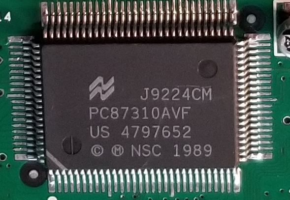 An National Semiconductor PC87310, this is dual serial, floppy, and parallel controller.