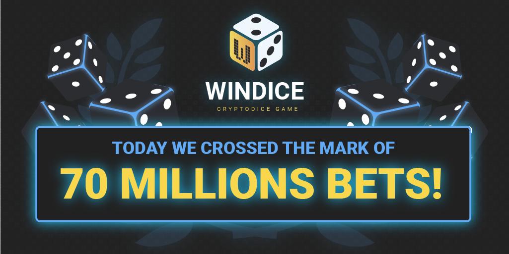 70 million bets !  
#windice #cryptogame #bitcoin #dogecoin #casino #cryptocasino