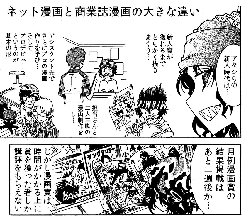 雑誌の漫画賞への投稿よりもネット投稿の方がはるかに速く漫画が上達する　その理由は……
・枚数が少なく済むので漫画の完成が早い
・講評も早い
……全ての速度が速いからです 
