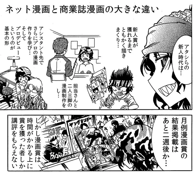 雑誌の漫画賞への投稿よりもネット投稿の方がはるかに速く漫画が上達する　その理由は……
・枚数が少なく済むので漫画の完成が早い
・講評も早い
……全ての速度が速いからです 