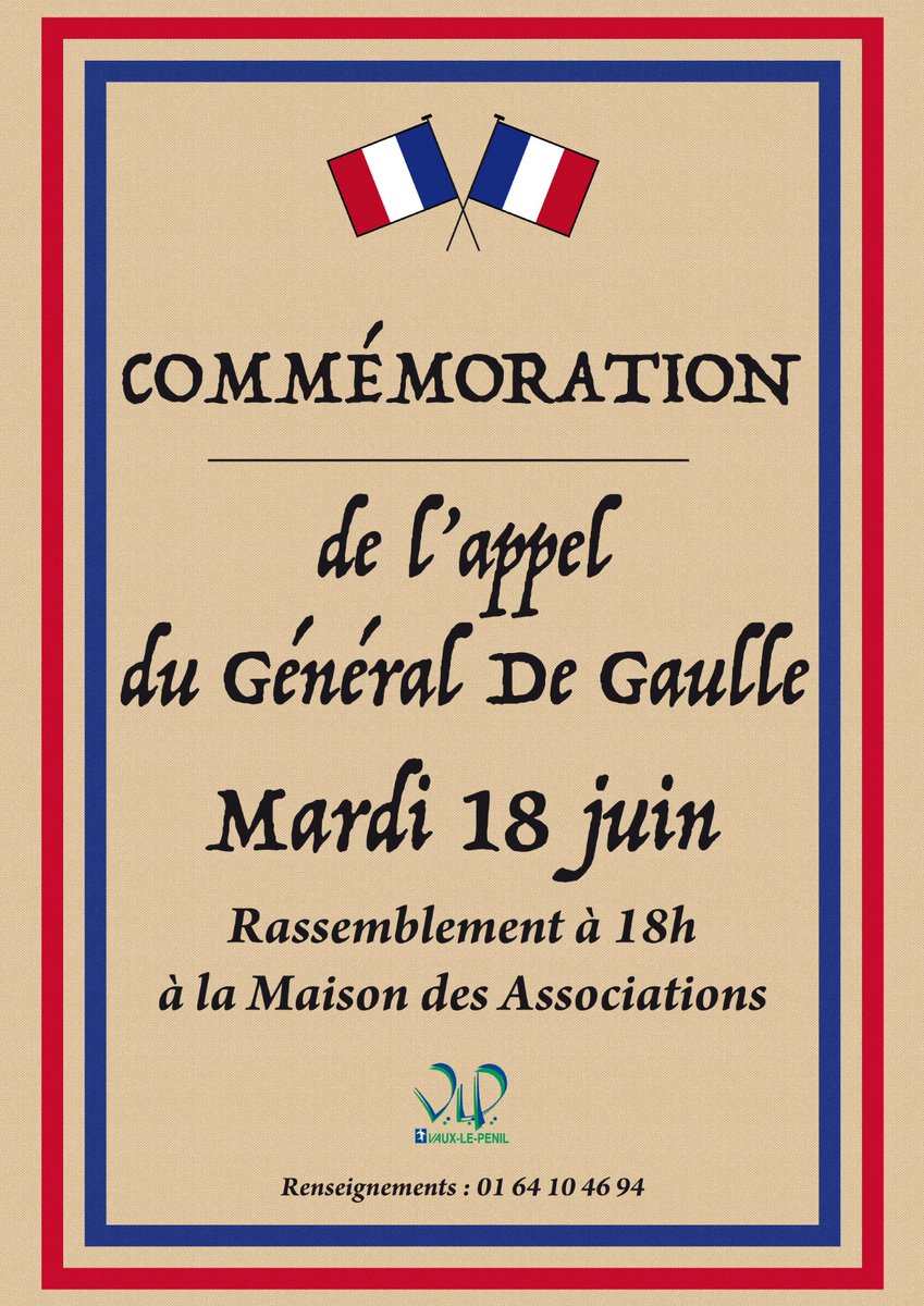 Rassemblement pour la #commémoration de l'appel du #Général de Gaulle mardi 18 juin à 18h à la Maison des #Associations 🇫🇷#mémoire #citoyenneté #SeineEtMarne