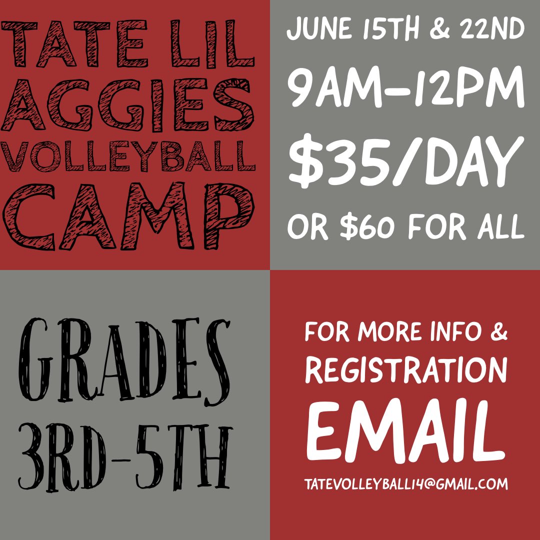 tatehighvolley1's tweet photo. Here’s all the info you need to know about our lil aggies camp!! https://t.co/tC1sgg244U