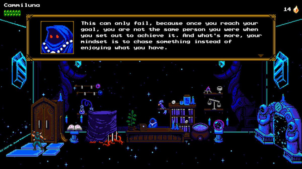 Cammiluna's tweet photo. Five minutes into this game and I got the most needed pep talk in my entire midlife for touching a cabinet! #messengergame #NintendoSwitch https://t.co/UVKEOZAdI5