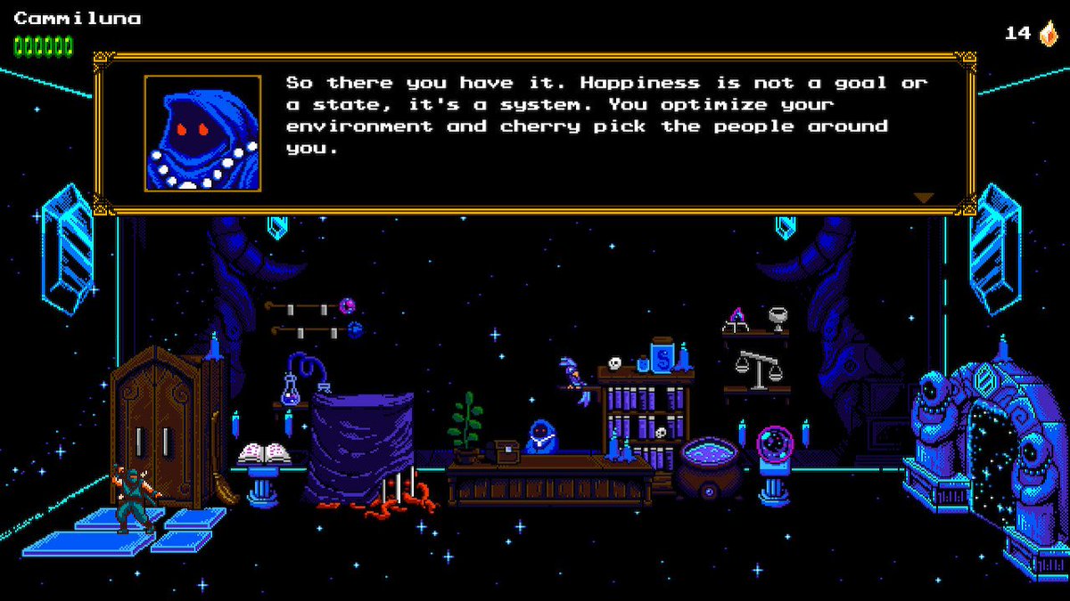 Cammiluna's tweet photo. Five minutes into this game and I got the most needed pep talk in my entire midlife for touching a cabinet! #messengergame #NintendoSwitch https://t.co/UVKEOZAdI5