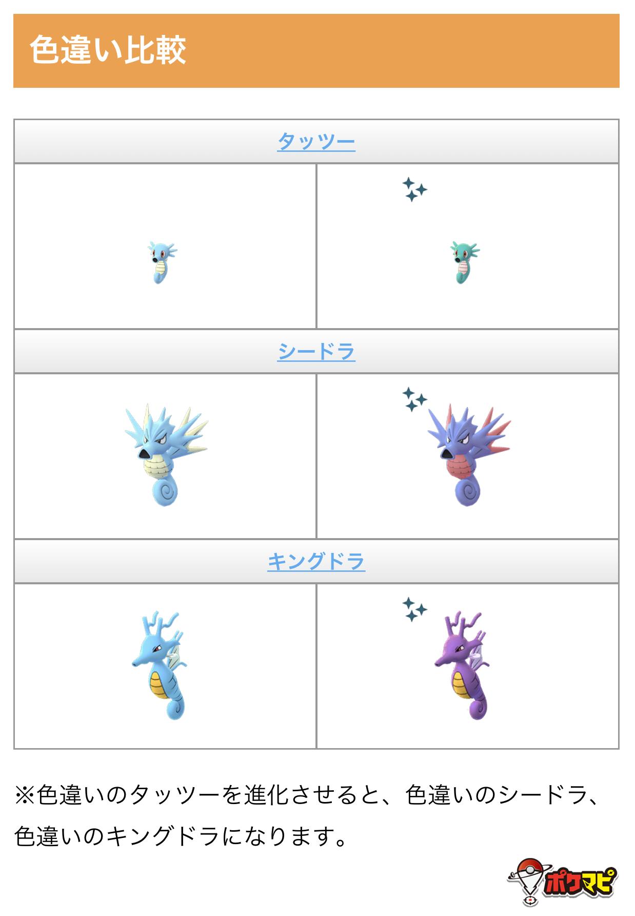 Twitter 上的 ポケモンgo攻略情報 ポケマピ タッツーの出現率アップ 色違い実装について詳しくまとめました 開始日時 19 6 14 金 午前1時 終了日時は未発表 タッツー シードラ キングドラの色違いは トレーナーのみなさんから人気が高いようです 出現
