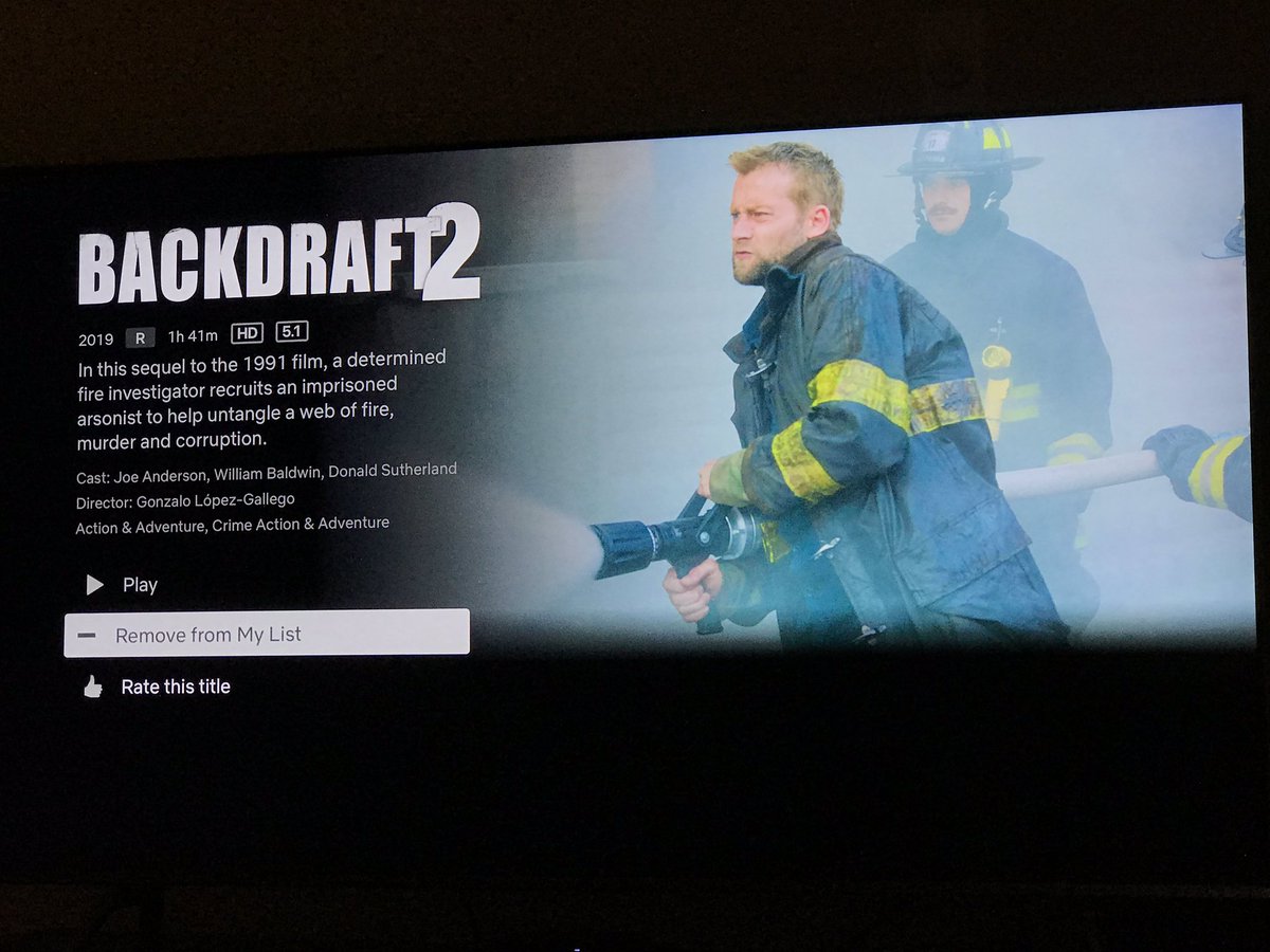 HighDefDiscNews's tweet photo. The direct-to-video sequel BACKDRAFT 2 is now available to stream in 1080p HD and 5.1 sound on @netflix. If you’re not sure you want to purchase the Blu-ray, this is your best bet - given you have Netflix. #Backdraft #Backdraft2 #Netflix #Streaming https://t.co/7VcJjOJyAG