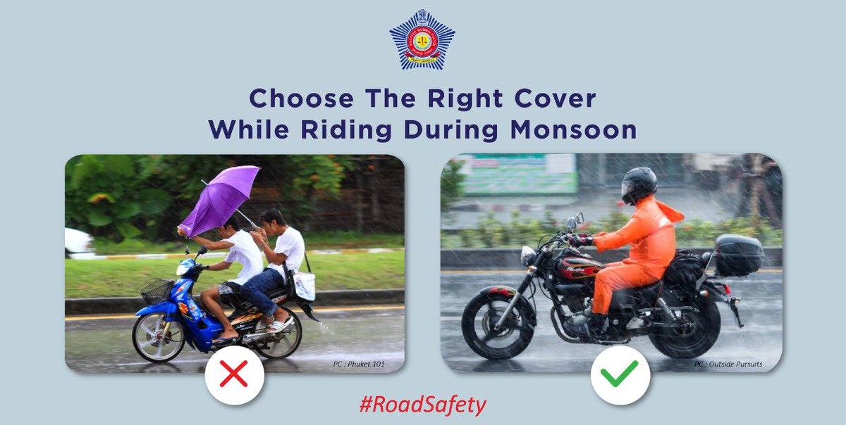 CPMumbaiPolice's tweet photo. No umbrella can shield you from bad decisions. While driving, use raincoats to avoid accidents. #RoadSafety #MonsoonSafety https://t.co/8fwhiD5buQ