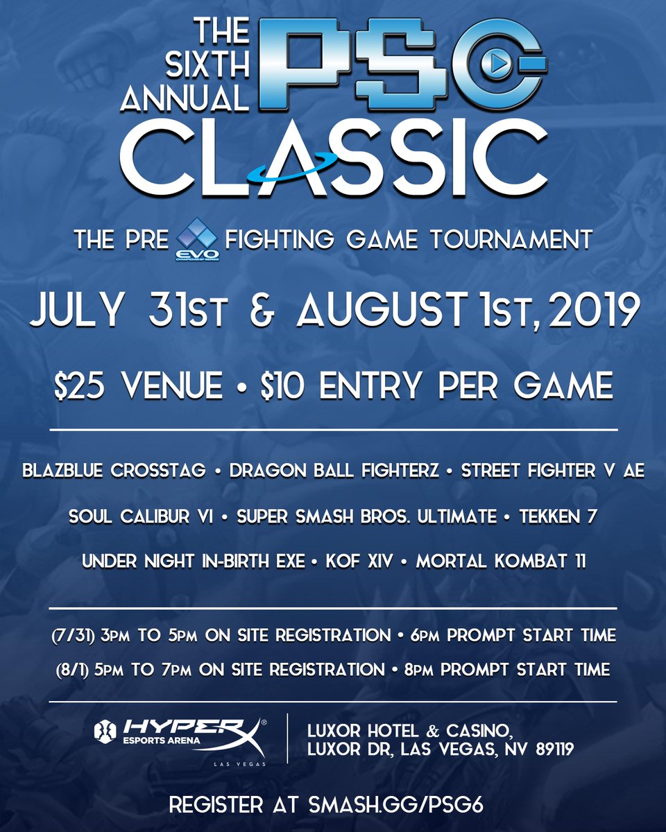 We're ready to go! The 6th Annual PSG Classic is coming to you from @HyperXESALV this year! July 31 and Aug 1. Mark your calendars. Registration is now open. smash.gg/psg6 Spread the word! RT RT RT. Look forward to seeing you all again this year!