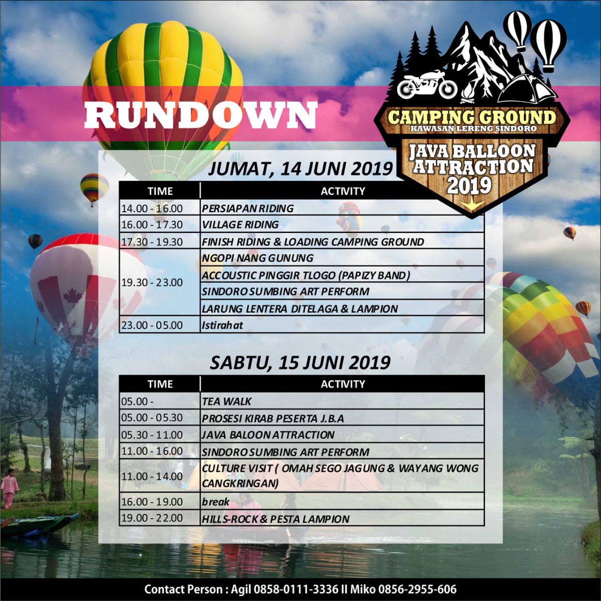 event_Jog's tweet photo. Java Balloon Attraction 2019
📅 15 Juni 2019
📍 Lap. Desa Wisata Pagerejo, Kertek, Wonosobo
🕘 06.00 - 11.00 WIB
Camping Ground
14-15 Juni 2019
Telaga Bedakan & Lapangan Pagerejo
#JavaBalloonAttraction2019
#FSSJavaBalloonAttraction
#FestivalSindoroSumbing
#FSSLestari https://t.co/mo9MYbqIbW