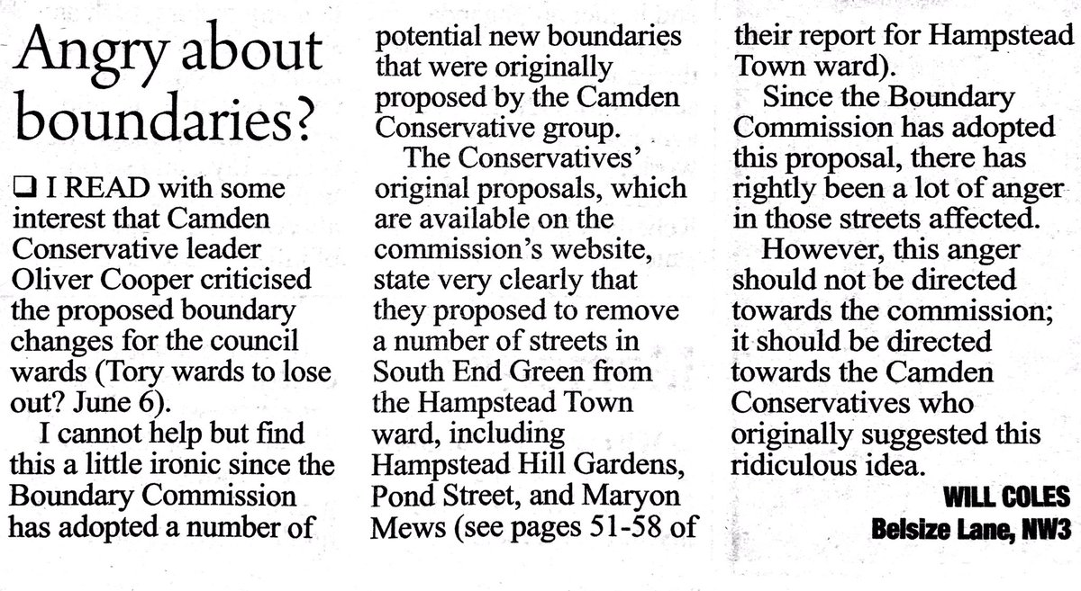 WillJColes's tweet photo. My letter in today’s Camden New Journal about the proposed boundary changes to Hampstead Town. https://t.co/SDpoXDdZAl