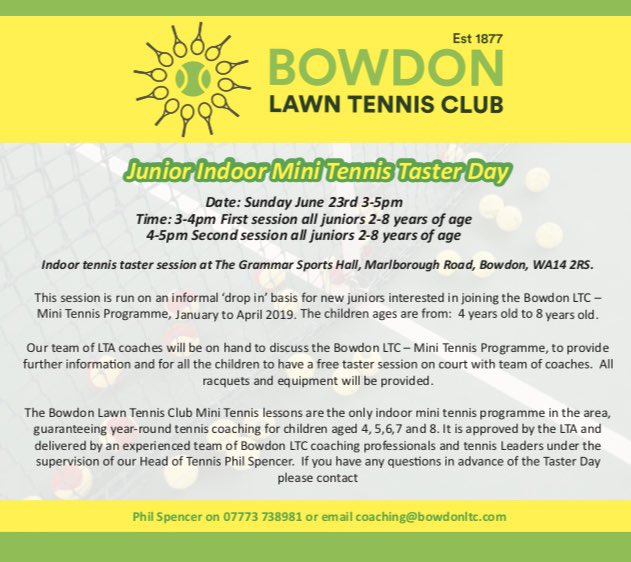 🎾Junior Indoor Mini Tennis Open Day🎾Sunday 23rd of June 3-5pm
At The Grammar Hale WA142RS For any juniors aged 2-8 years
Fed up of all the rain ☔️ ☔️and want some guaranteed sports? 🎾For any infomation or booking contact Head of Tennis Phil coaching@bowdonltc.com #Bowdon #Hale