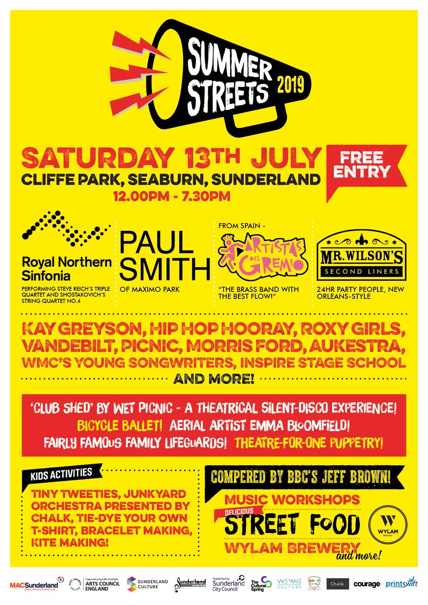 Summer Streets (@summerstreets_) on Twitter photo 📣 Here it is! The line-up for <a href="/summerstreets_/">Summer Streets</a> 2019!
Join us at Cliffe Park, Seaburn, Sunderland on Saturday July 13th for a great day of music, art, kids activities, workshops, food and drink and family fun!
Free entry! ☀️ 📣 Here it is! The line-up for <a href="/summerstreets_/">Summer Streets</a> 2019!
Join us at Cliffe Park, Seaburn, Sunderland on Saturday July 13th for a great day of music, art, kids activities, workshops, food and drink and family fun!
Free entry! ☀️