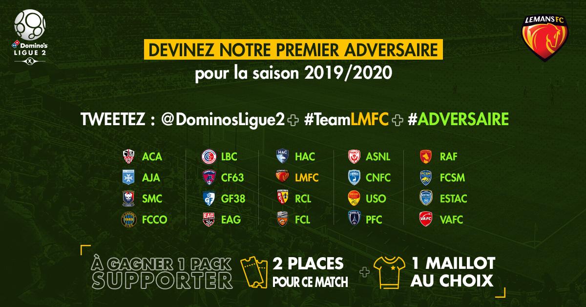 LEMANSFC's tweet image. J-1 ! Le calendrier de @DominosLigue2 sort demain ⏳

Devinez notre 1er adversaire et tentez de gagner 1 maillot ET des places pour ce 1er match 🎉

Comment jouer ? Tweetez simplement « @DominosLigue2 + #TeamLMFC + #ADVERSAIRE » !

Bonne chance 🤞

#AllezLEMANSFC