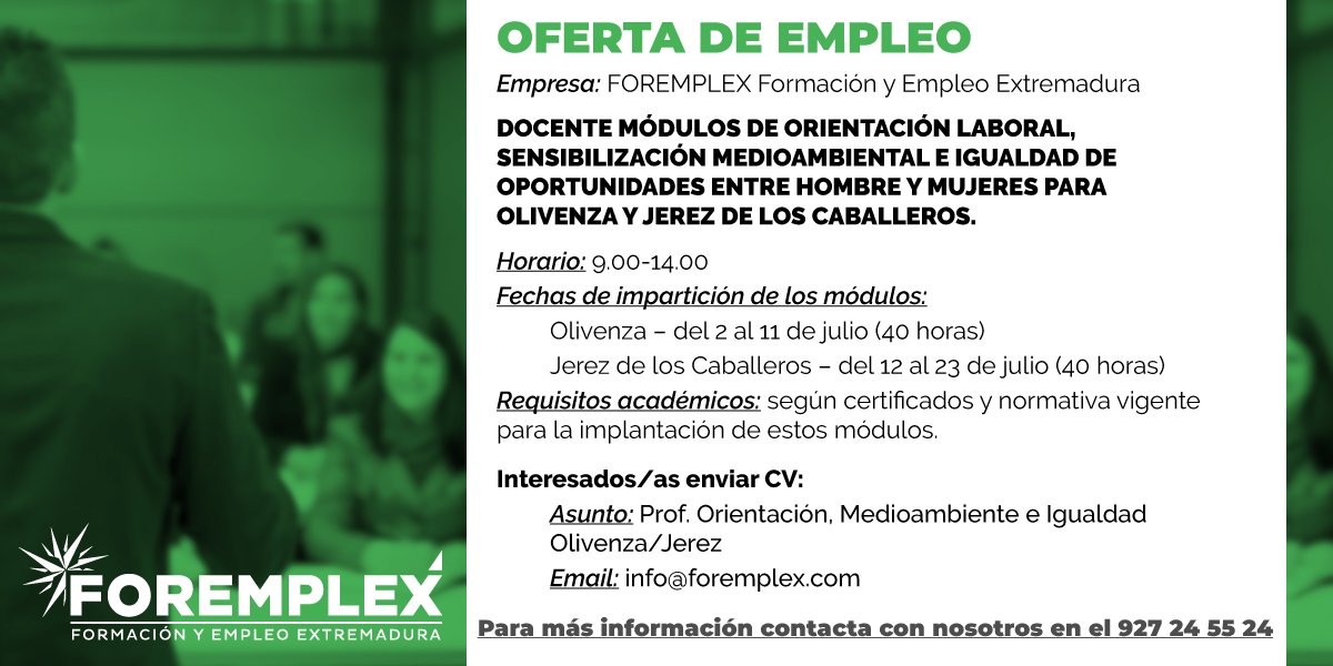 💼Oferta de empleo:
DOCENTE MÓDULOS DE ORIENTACIÓN LABORAL, SENSIBILIZACIÓN MEDIOAMBIENTAL E IGUALDAD DE OPORTUNIDADES ENTRE HOMBRE Y MUJERES.
📍Jerez de los Caballeros y Olivenza
📆 del 2 al 23 de julio
☎️927 24 55 24