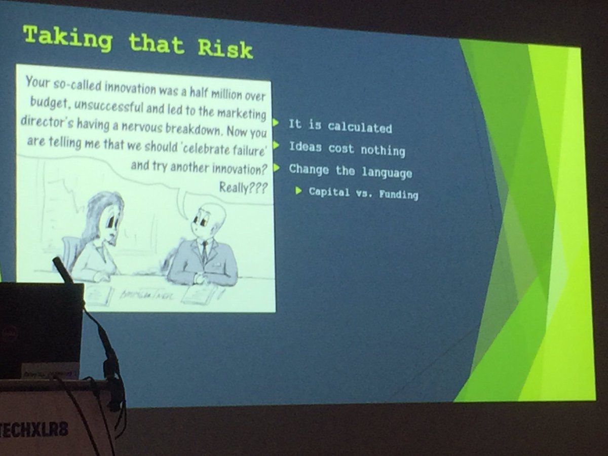 stephenakirk's tweet image. Fostering Innovation in financial institutions...  James Green, VP of Innovation at @SocieteGenerale speaking at #TechXLR8 #LDNTechWeek.  Innovation is not “business as usual”, ideas cost nothing, but the company culture needs to accept that ideas won’t always work!