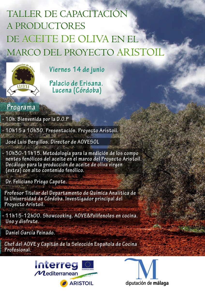 aristoilproject's tweet photo. Training seminar for producers and olive millers organised by Diputacion de Malaga on the 14th June. For registration please press here: https://t.co/kJI0Dnei0J
#training
#aristoil
#oliveoil
#polyphenols
https://t.co/HjxU6Jclzz https://t.co/YcahxnHwGZ
