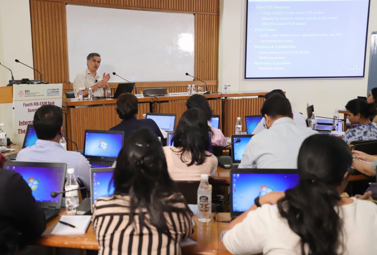 RIS_NewDelhi's tweet photo. Day 4:Third Session of the day by Mr. #DevenderPratap, @ncaer on CGE using #GTAPModel to participants at 4th @RIS_NewDelhi @IndiaEximBank #SummerSchool on #InternationalTrade theory and practice.@Sachin_Chat @sabya_saha @kamleshg841 https://t.co/XHH3eoTUlf