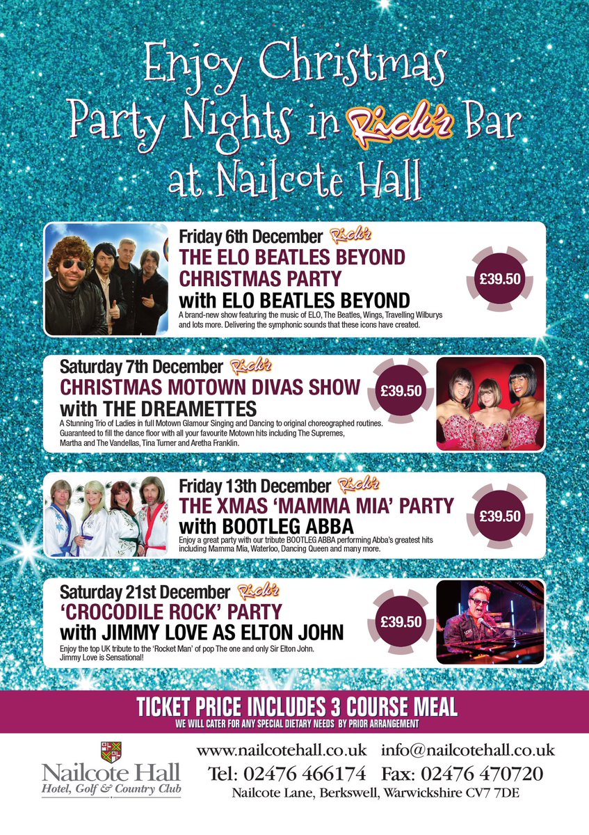 NailcoteHall's tweet photo. Just look at all the #partynights & #tribute shows we’ve planned for the Autumn & #Christmas in #RicksBar - there’s something for everyone to enjoy & to see all our #party nights & #events in RicksBar & the #marquee click https://t.co/h3KYuHntQq & Call 02476466174 to book soon 💃🏻 https://t.co/9xU67zTIHx