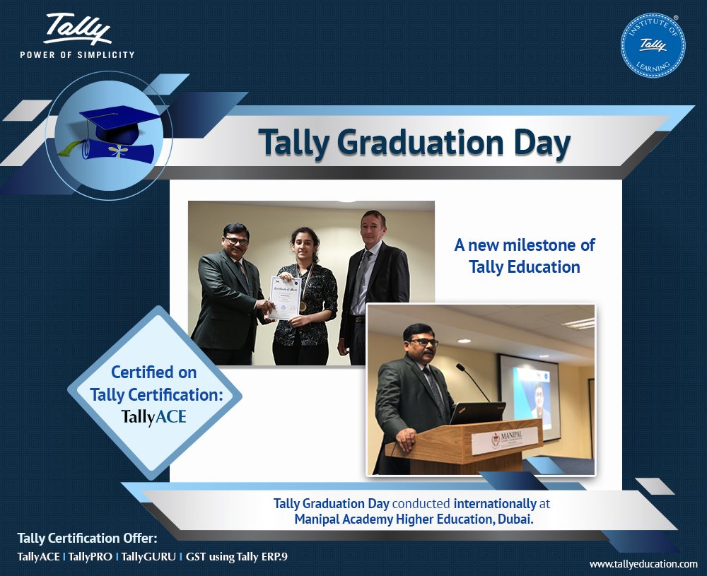 talllyeducation's tweet photo. For the first time ever, we had a #TallyGraduationDay celebrated internationally at Manipal Academy of Higher Education (#MAHE), #Dubai. #TallyACE certificates were distributed to 158 #certified candidates. #LearnTally #TallyCertifications https://t.co/hR4Ctuxpjd