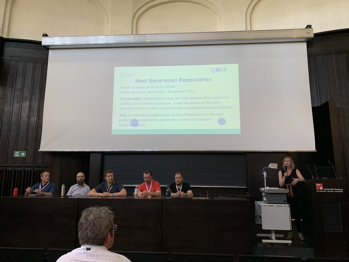 COAR_eV's tweet image. Towards #nextgenrepositories #NGR technologies panel started in lecture hall B. The session will be a status update on #NGRs and have discussions on the implementation of recommendations. @KathleeShearer @paulwalk @bollini80 @Domicus @lars #OpenRepo2019 ngr.coar-repositories.org