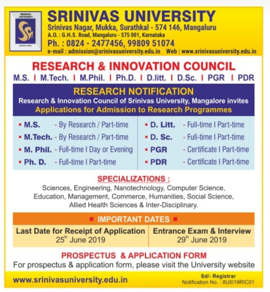CellSrinivas's tweet photo. Applications are invited from eligible candidates for enrollment to below research programs full time as 'research scholars with stipend' or part-time research scholars (where you can work/intern/apprentice simultaneously) for enhancing career prospects. https://t.co/eBxovw2ae8