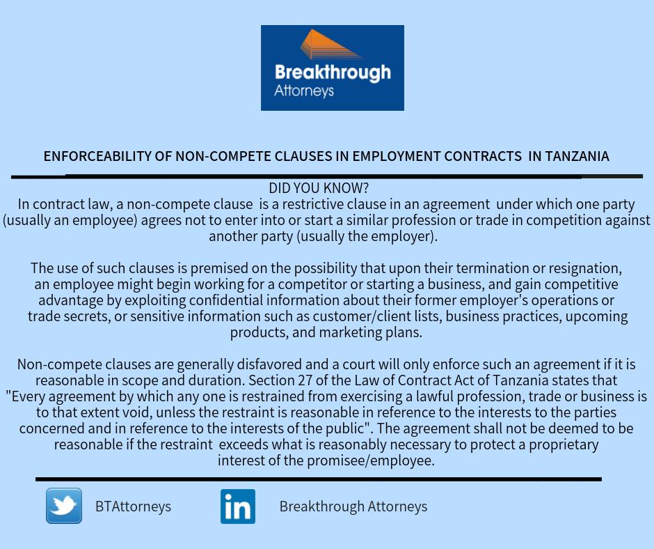 BTAttorneys's tweet image. This week on #LegalTipsThursday, the Corporate and Commercial Department at Breakthrough Attorneys provides a synopsis of the enforceability of non-compete clauses in Employment Contracts.
#ContractLaw
#RestrictiveCovenants