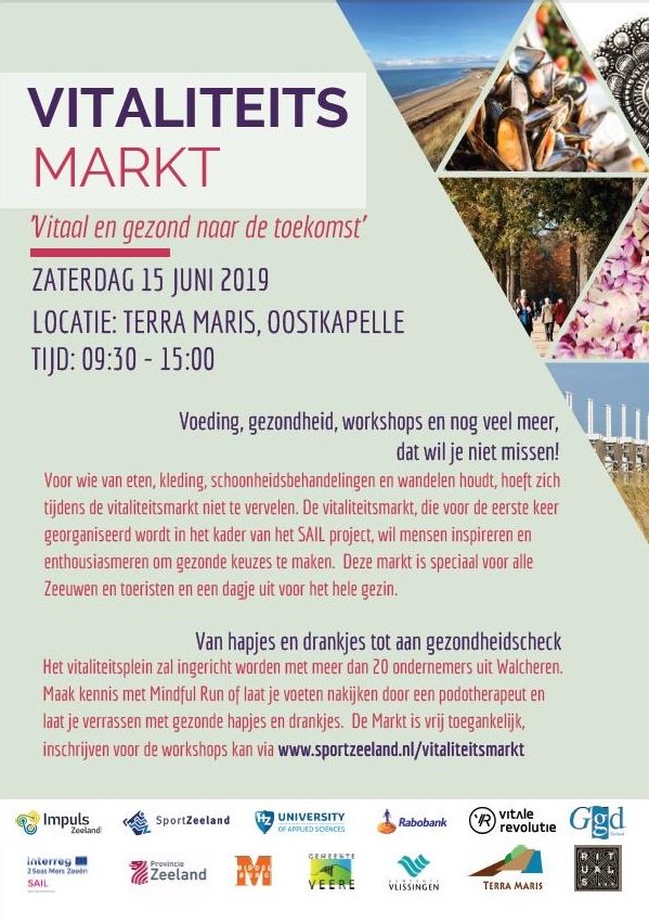15 juni vitaliteitsmarkt. Deze bedrijven uit <a href="/provzeeland/">Provincie Zeeland</a> zijn aanwezig:
<a href="/Zorgstroomop1/">Zorgstroom</a> <a href="/gem_vlissingen/">Gemeente Vlissingen</a> <a href="/Clubvief/">Willem de Kok</a> <a href="/SineFuma/">Rookvrij! Ook jij?</a> <a href="/LongfondsZld/">Longfonds Zeeland</a> @WelzijnVeere @sportdorpokp <a href="/Golfdom/">Golfdom</a> @hetisesther <a href="/MarjaReijnders/">Marja Reijnders</a> 
en vele anderen! 
sportzeeland.nl/vitaliteitsmar…