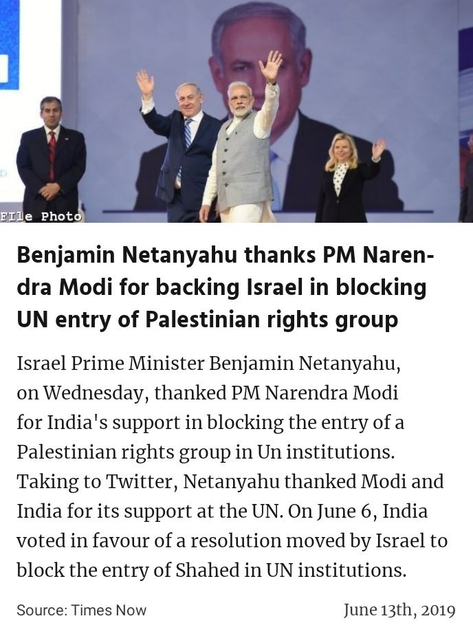 SJVatsal's tweet image. Benjamin Netanyahu thanks PM Narendra Modi for backing Israel in blocking UN entry of Palestinian rights group
timesnownews.com/india/article/…

(#ModiAtSCOSummit #Modi #NewIndia #BJP #India #Modi #PositiveIndia #SankalpSeSiddhi #ModiAtBishkek #ModiSarkar2 
#ModiForAll #NarendraModi )