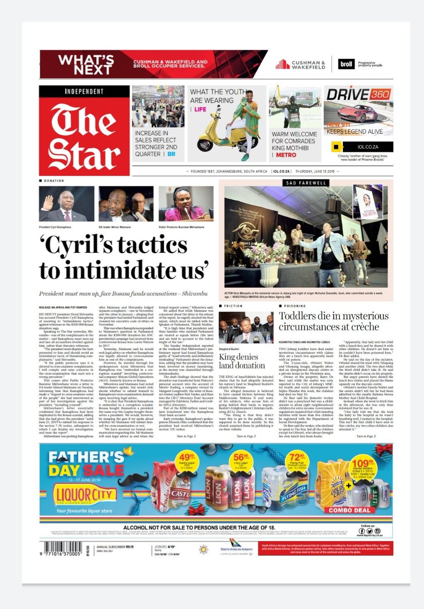 TheStar_news's tweet photo. In #TheStarNews today: #RIPNichume memorial service, #Ramaphosa and #PublicProtector, #Drive360 supplement, #ComradesMarathon2019 king #EdwardMothibi welcomed home, toddlers mysterious death probed and more: https://t.co/fMpO2Ou4ke