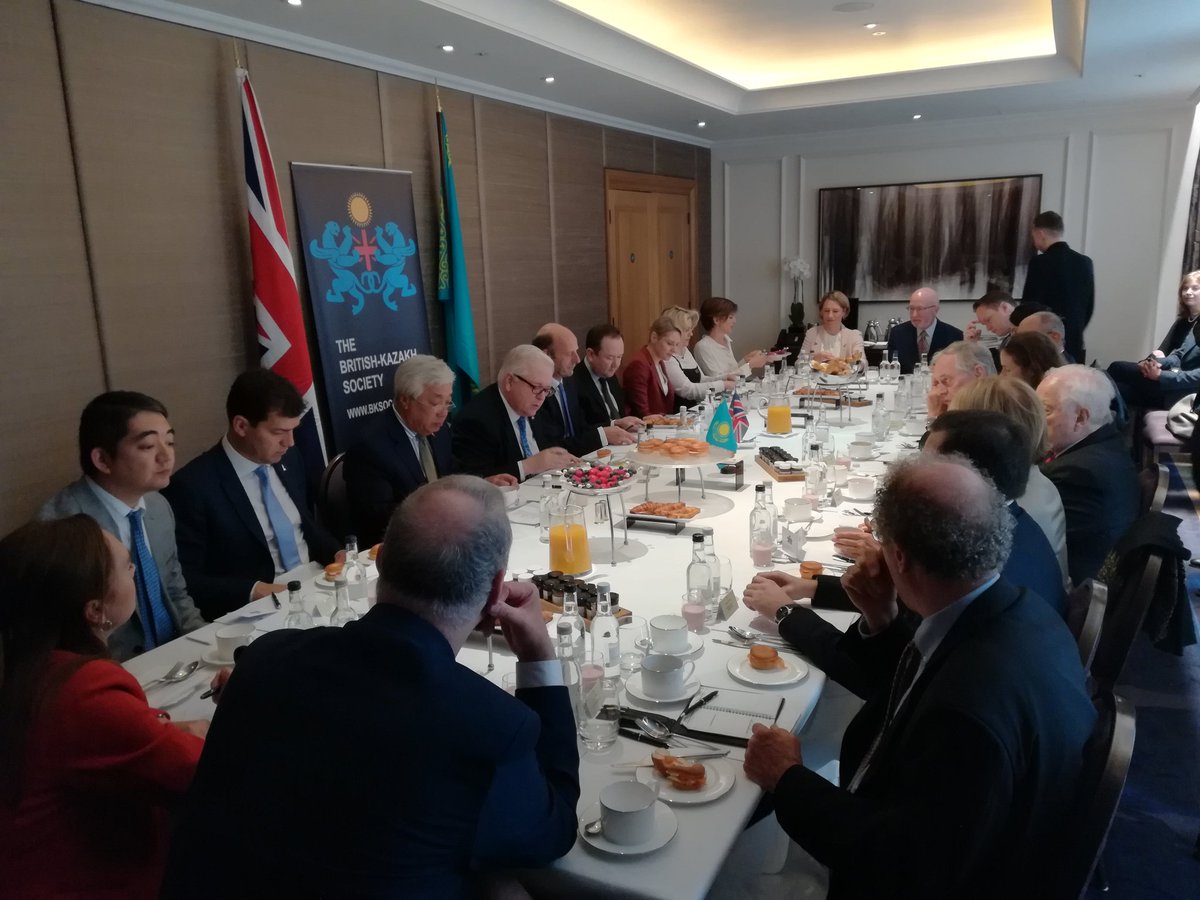bk_soc's tweet photo. @bk_soc is hosting a special breakfast in honour of @MikeGiffordFCO (HM Ambassador to the Republic of Kazakhstan, @UKinKZ) with guests HE Erlan Idrissov (@KazakhEmbassyUK) @Baroness_Nichol, @JudithSlaterFCO, #LordAstor, #LordWoolf, Samruk-Kazyna London Office. https://t.co/0rjRARB98Z