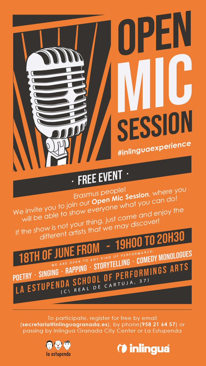 Te invitamos a venir a nuestra sesión de 🎤 Micrófono Abierto 🎤 ¡Ven a participar o como espectador!
📅Martes 18 de junio, de 19 a 20:30 en <a href="/LaEstupendaAE/">La Estupenda A.E</a> 
🇪🇸🇬🇧 ¡Participa en inglés o español! 
#Granada #ErasmusGranada #UGR