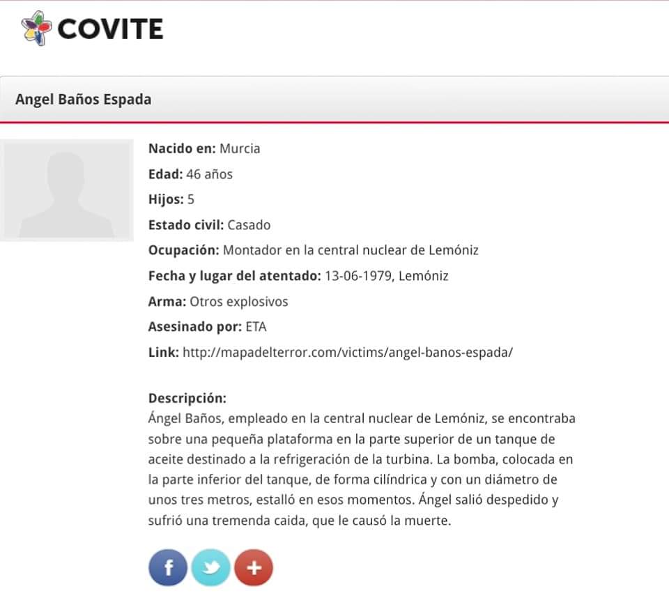 ConsuorF's tweet image. #Taldiacomohoy #ETA asesinó en #Lemoniz y con esa excusa al trabajador Ángel Baños, ETA asesinó por esta "causa" a cinco trabajadores y un niño se debatió entre la vida y la muerte quedando herido de por vida.
Dejó cinco huérfanos.
Recuérdale!

mapadelterror.com/victims/angel-…

#impune
