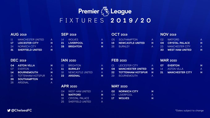 Chelsea's 2019-20 Premier League fixtures