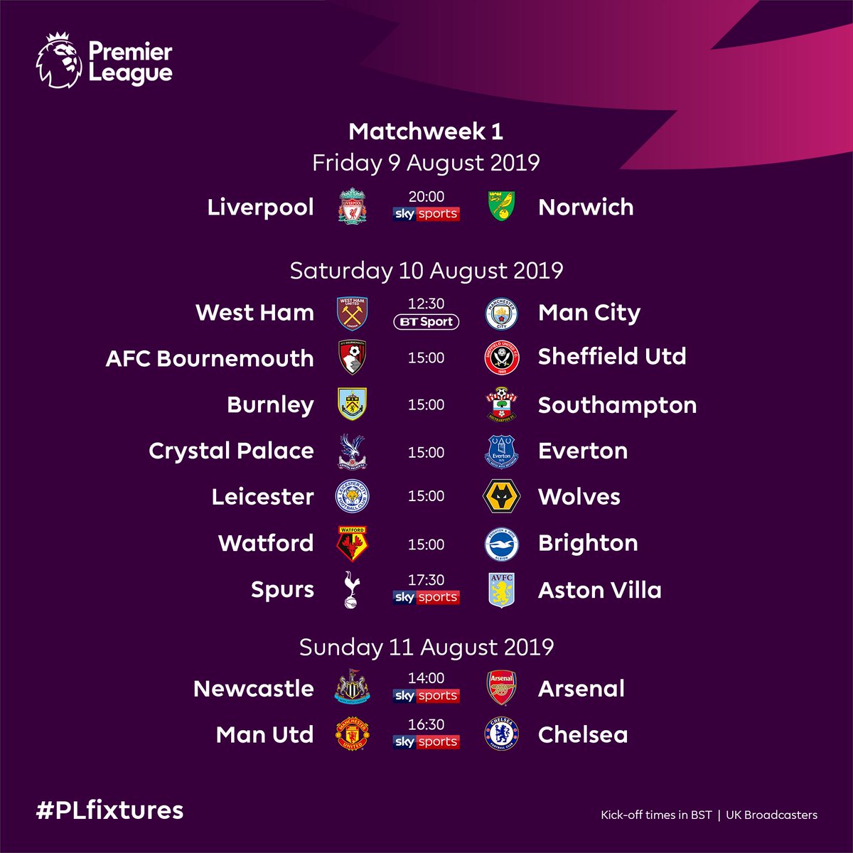 Premier League Fixtures 2019 20 Manchester United Host Chelsea On