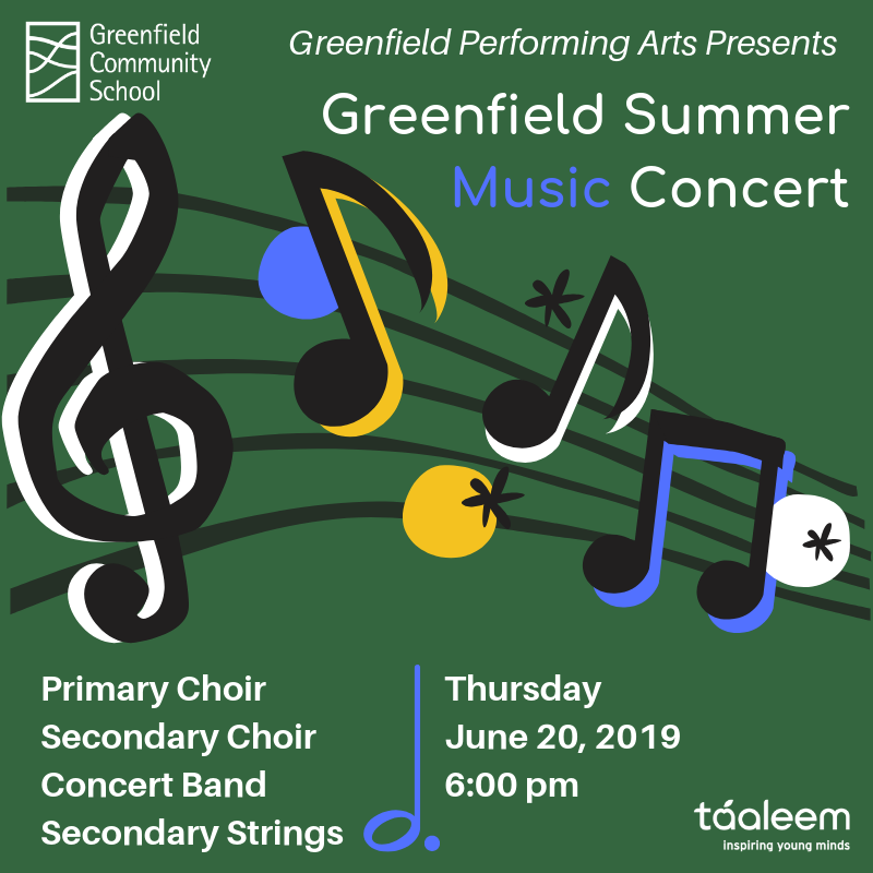 GreenfieldIntS's tweet image. Save the date! Next Thursday, June 20th our students will be showcasing their talents at Greenfield Music End of Year Concert.  We are very excited to share our successes with you!

#behappybegcs #InspiringYoungMinds #ProudlyTaaleem #AllForTheLoveOfLearning #Music #PerformingArts