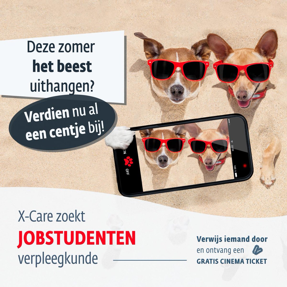 Ken je een student verpleegkunde die nog een vakantiejob zoekt? Verwijs hem of haar naar ons door, en krijg beiden een cinematicket! Ben je zelf jobstudent, contacteer ons dan gerust zelf en ga ook gratis naar de cinema 🎉