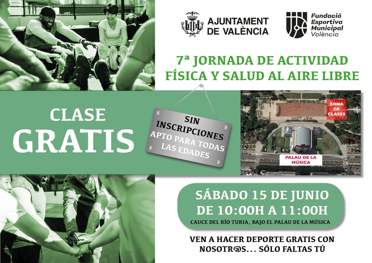 Dentro del Programa Activitat Física i Salut, se realiza, una clase al aire libre 
 🗓️sábado, 15 de junio,
 ⌚️ 10h, 
 🧭 antiguo cauce del río Turia (a la altura del Palau de la Música). 
Es gratuita y para todos los públicos. No es necesario apuntarse. Animaos