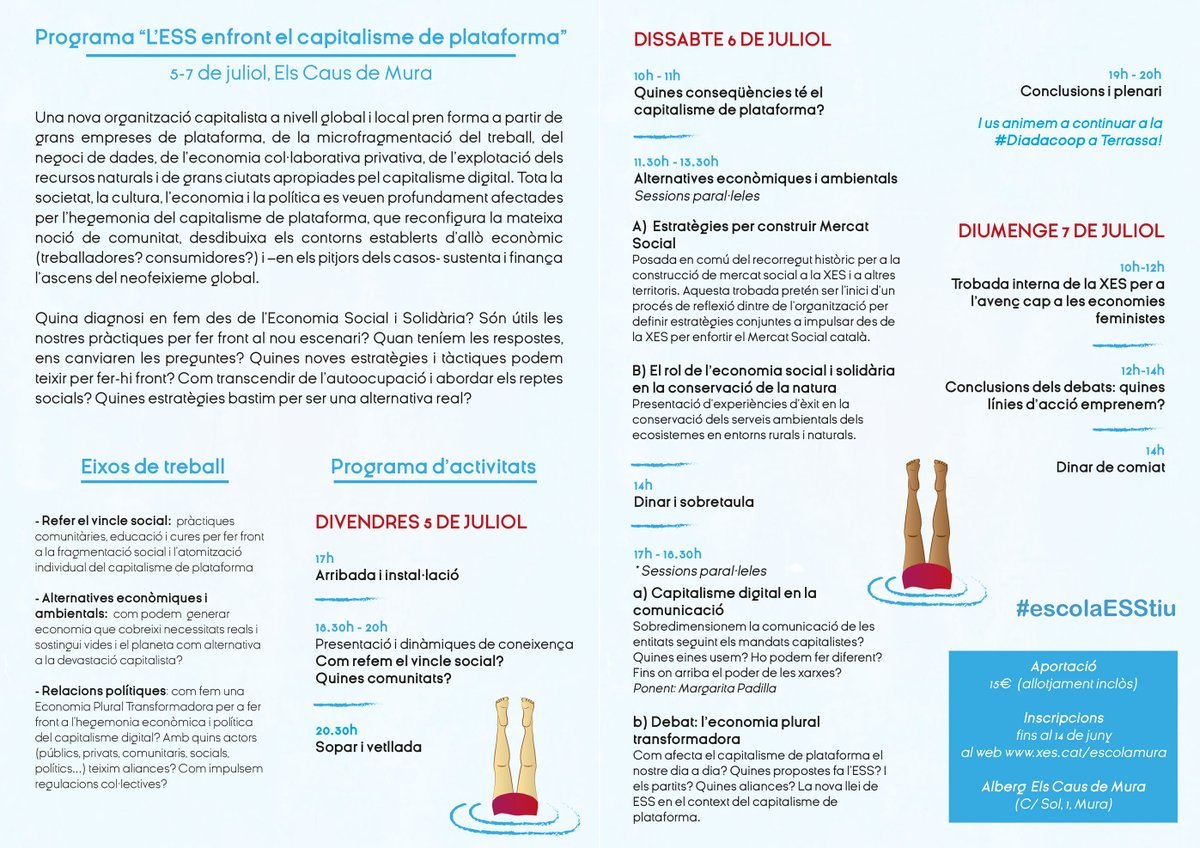 XES_cat's tweet photo. ❓Quina #comunicació podem fer des de les #ESS per per a fer front a l’hegemonia econòmica i política del #capitalismedigital? 

Vine i parlem-ne l'#EscolaESStiu 💦

📍Mura (Bages) 5- 7 juliol

✍️ DEMÀ últim dia d'Inscripcions! 
https://t.co/SgWbOHj8Ua https://t.co/WJpisA5P8J