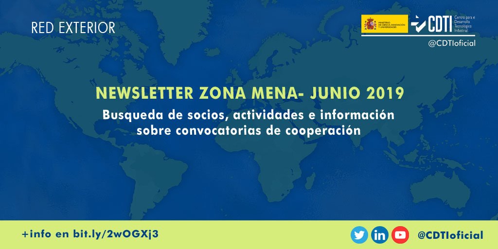 CDTI_innovacion's tweet photo. RED EXTERIOR | Disponible la nueva newsletter de junio de @CDTIoficial con noticias sobre #innovación y #tecnología en Norte de África y Oriente Medio> +info en https://t.co/NsXiXm7c07 
#ColaboraciónInternacional #AyudasCDTI #internacionalización #innovación #MENA https://t.co/oulHLKFQ4a