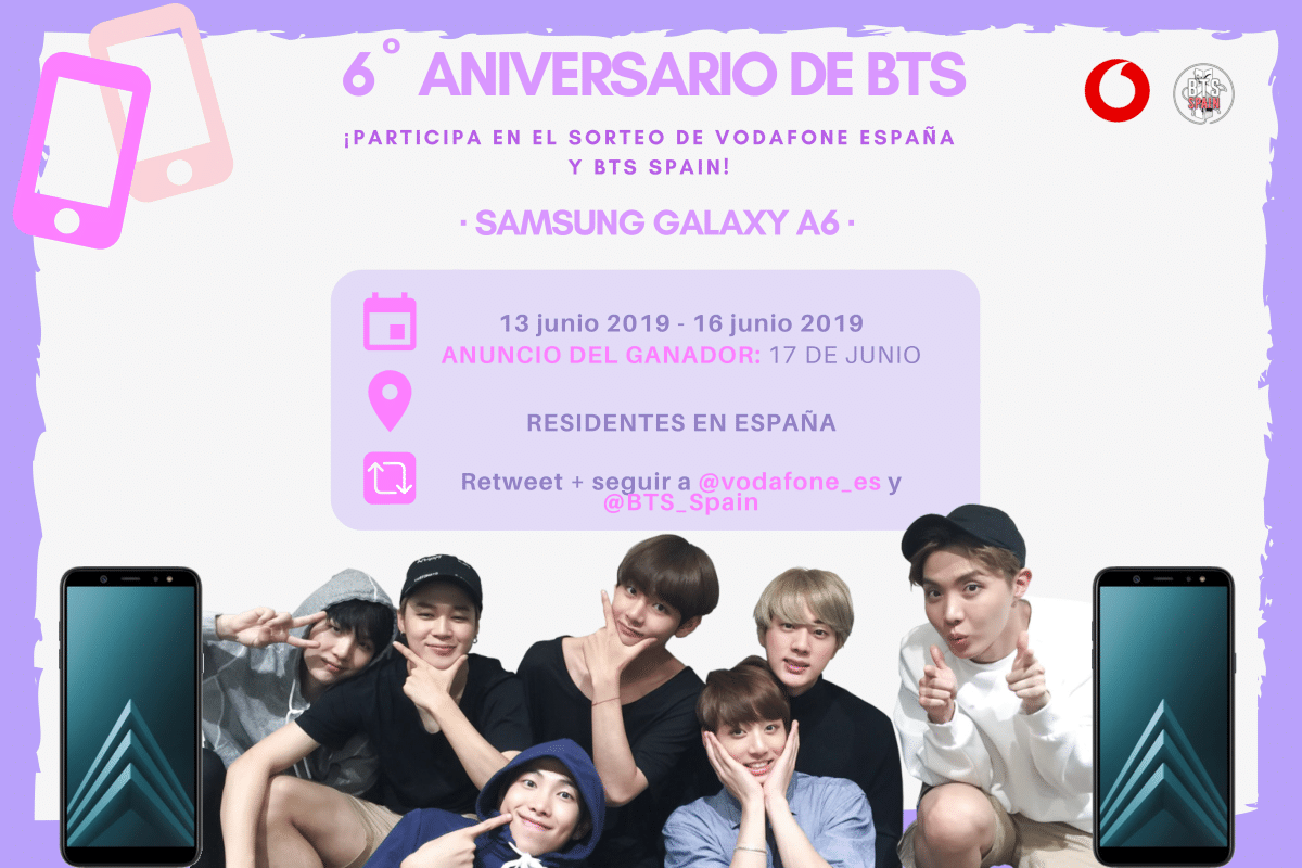 BTS_Spain's tweet photo. 📱 SORTEO | @vodafone_es quiere celebrar #6YearsWithOurHomeBTS de @BTS_twt sorteando un SAMSUNG GALAXY A6 entre lxs ARMYs! 💜

Para participar:

1⃣ Da RT a este tweet
2⃣ Sigue a @vodafone_es y @BTS_Spain

📆 Tenéis hasta el 16/06

¡Mucha suerte a todxs! https://t.co/1H1LuzLUSp