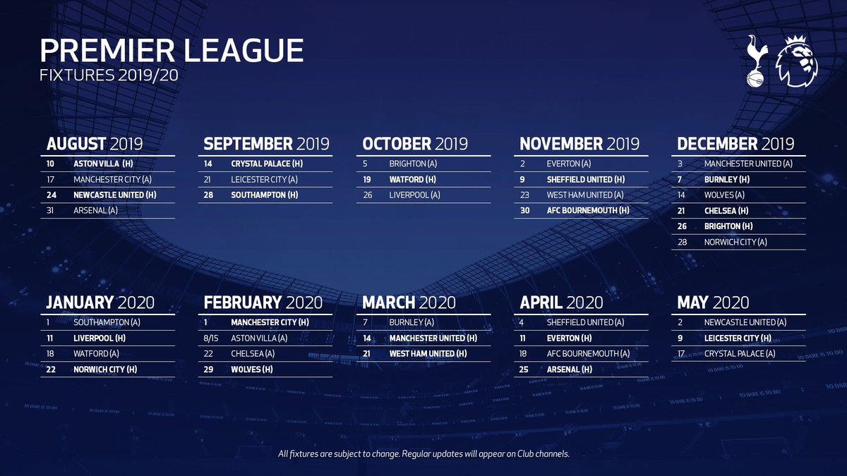 Hotspur_TR's tweet photo. 2019/20 sezonu Premier Lig fikstürümüz belli oldu. İlk maçımız 10 Ağustos’ta New White Hart Lane’de Aston Villa karşısında. #THFC #COYS #EPLFixture https://t.co/rCjtP4bOM8