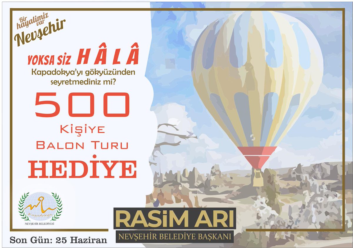 RasimAri50's tweet image. Dostlar 👋

Siz şehrimize gelin bizler sizi ağırlayalım😉

Bu tweeti RT edip hesabımızı takipte olan 500(beşyüz) kardeşimize Balon Turu hediye ediyoruz.

Nevşehir Kapadokya ile,
Kapadokya sizlerle güzel 💘

Son gün 25 Haziran..