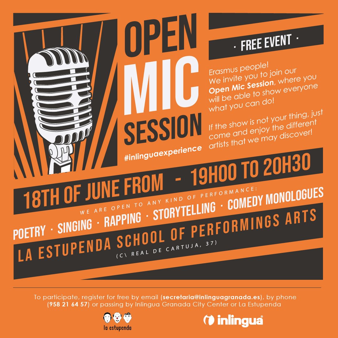 Amigos del #TATGranada19, ¡os esperamos el próximo martes en nuestra sesión de #microabierto! Abierta a todo el mundo, gratuita, y con participantes y espectadores hispano y angloparlantes. ¿Quieres venir? ¡Inscríbete! secretaria@inlinguagranada.es