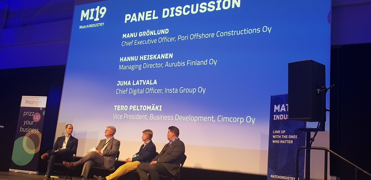 EklundAri's tweet photo. #MatchIndustry 2019 Panel discussion. @j_latvala Tero Peltomäki. Hannu Heiskanen, Manu Grönlund. #Pori #prizztech https://t.co/sMNZ77Ba6S