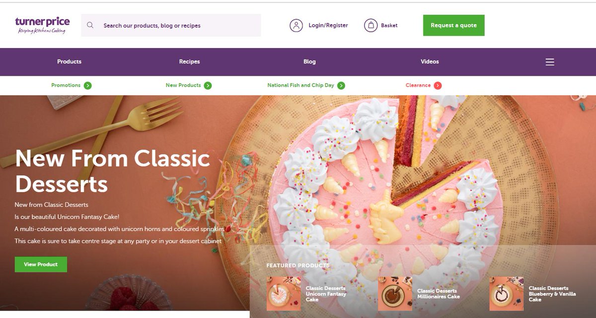 Great to see our new #Unicorn Fantasy #Cake headlining <a href="/TurnerPriceFood/">Turner Price</a> website. This is a visually stunning fun cake, coated in authentic buttercream, and decorated with edible confetti, pink marshmallow, multicolour sprinkles and hand-moulded unicorn horns.