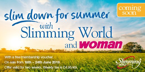 SlimmingWorld's tweet photo. #FindYourSunshine this month by picking up a copy of next week’s @WomanMagazine - out on 18th June. Inside you’ll find a #free voucher for membership of any #SlimmingWorld group. ☀️ https://t.co/VT39H3HlQA
