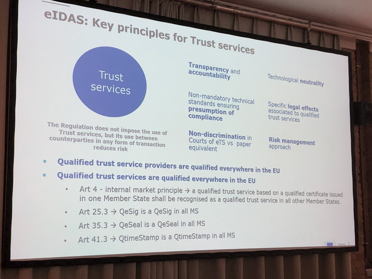NamirialGroup's tweet photo. #eIDASSummit19 - Norbert Sagstetter @EU_Commission reminding about key principles for #TrustServices in EU - QTSP „qualified everywhere“ in 🇪🇺 @bitkom_privacy
#DigitalSignature #eIDAS #eIDAS19 #ElectronicSignature #ESignature #QES ➡️ https://t.co/cWcUM3MxNA https://t.co/slwBdeWcLT
