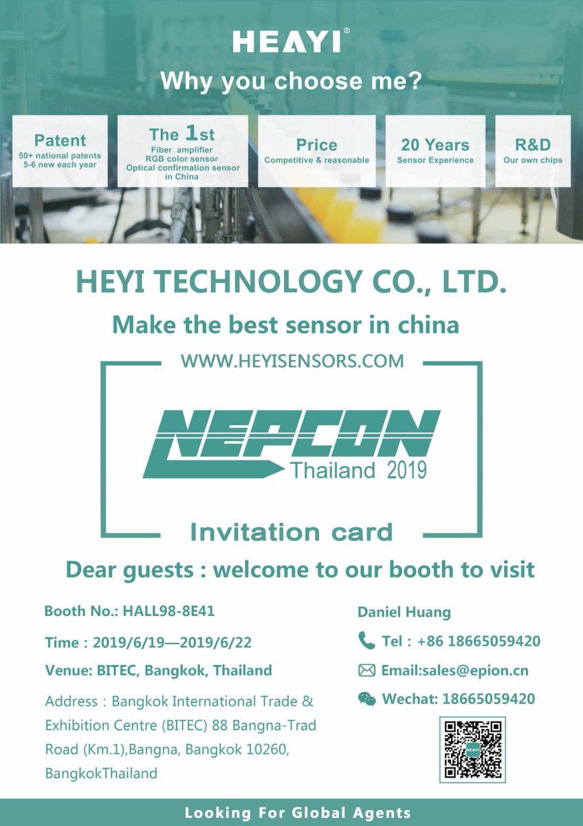 heyitechnology's tweet image. Heyi Technology Is Ready For The NELSON Thailand 2019 Exhibition
HOT News---Heyi Technology will join the NEPCON Thailand 2019, our new products will come with us together.
#sensortechnology
#typesofsensors
heyisensors.com