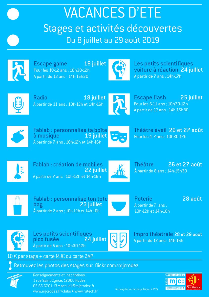Découvrez le programme des stages et activités découvertes, proposé par la MJC de Rodez, pour ces grandes vacances scolaires !