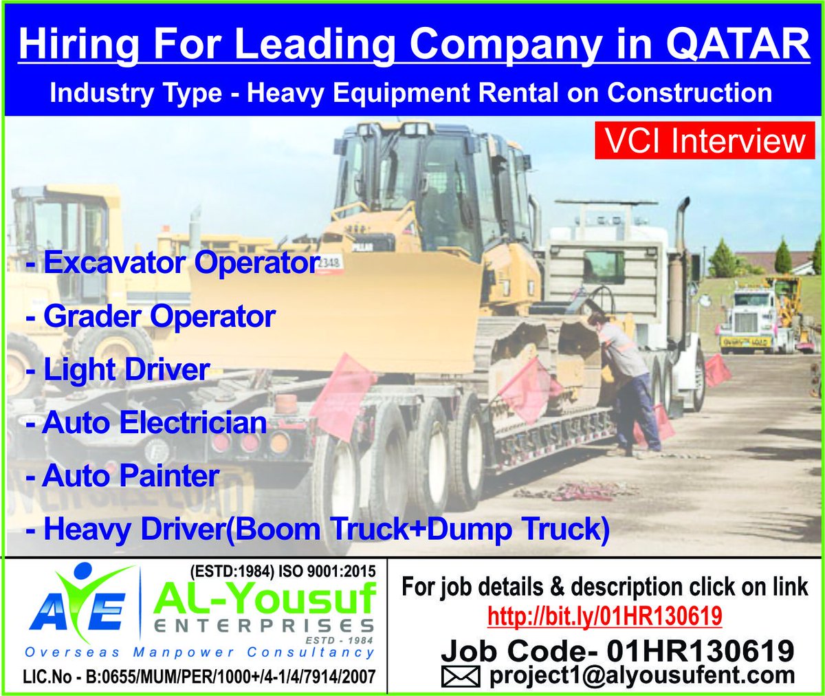 alyousufjobs's tweet photo. HR01 #URGENTLY REQUIRED FOR #INDUSTRY #CONSTRUCTION #HIRING FOR LEADING COMPANY IN #Qatar
Positions:
#Excavator_Operator
#Grader_Operator
#Heavy_Driver(Boom Truck+Dump Truck)
#Light_Driver
#Auto_Electrician
#Auto_Painter
JDlink - https://t.co/W8D6gOOwR4
@safwanindia @Twitter https://t.co/HLpxOPMnfN